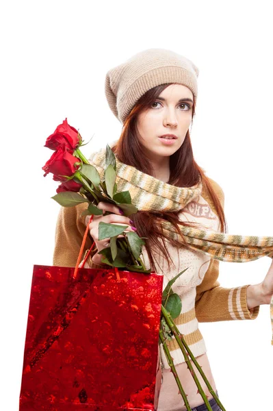 Portrait Smiling Woman Isolated White Studio Shot Plush Heart — Stock Photo, Image