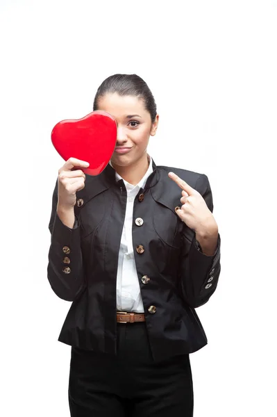 Young Cheerful Caucasian Brunette Businesswoman Black Suit Holding Red Heart — Stock Photo, Image