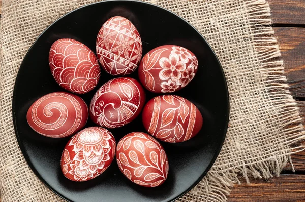 Still Life Pysanka Decorated Easter Eggs Black Wooden Background Top — Stock Photo, Image