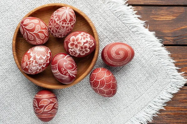 Still Life Paasei Paaseieren Zwarte Houten Achtergrond Bovenaanzicht Kopie Ruimte — Stockfoto