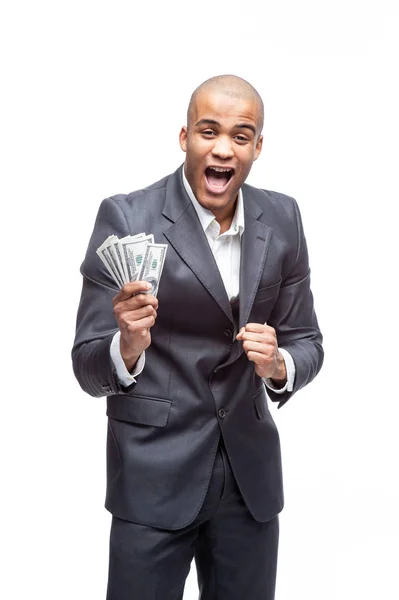 Веселый Молодой Бизнесмен Сером Костюме Держит Деньги Изолированы Белом Фоне — стоковое фото