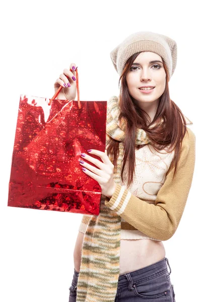 Portrait of smiling woman isolated on white  with plush heart — Stock Photo, Image