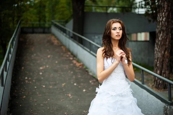 Retrato de una novia en un vestido de novia. En la calle . — Foto de Stock