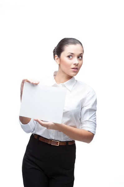 Businesswoman with blank advertising banner on white — Stock Photo, Image