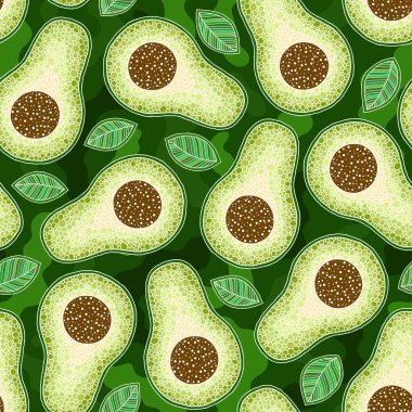 Yeşil arkaplanda Avokado çizgi filmi kusursuz desen.