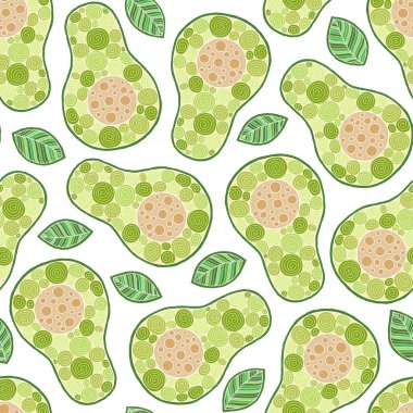 Dikişsiz avokado deseni, avokado dilimleri, beyaz backgr yaprakları
