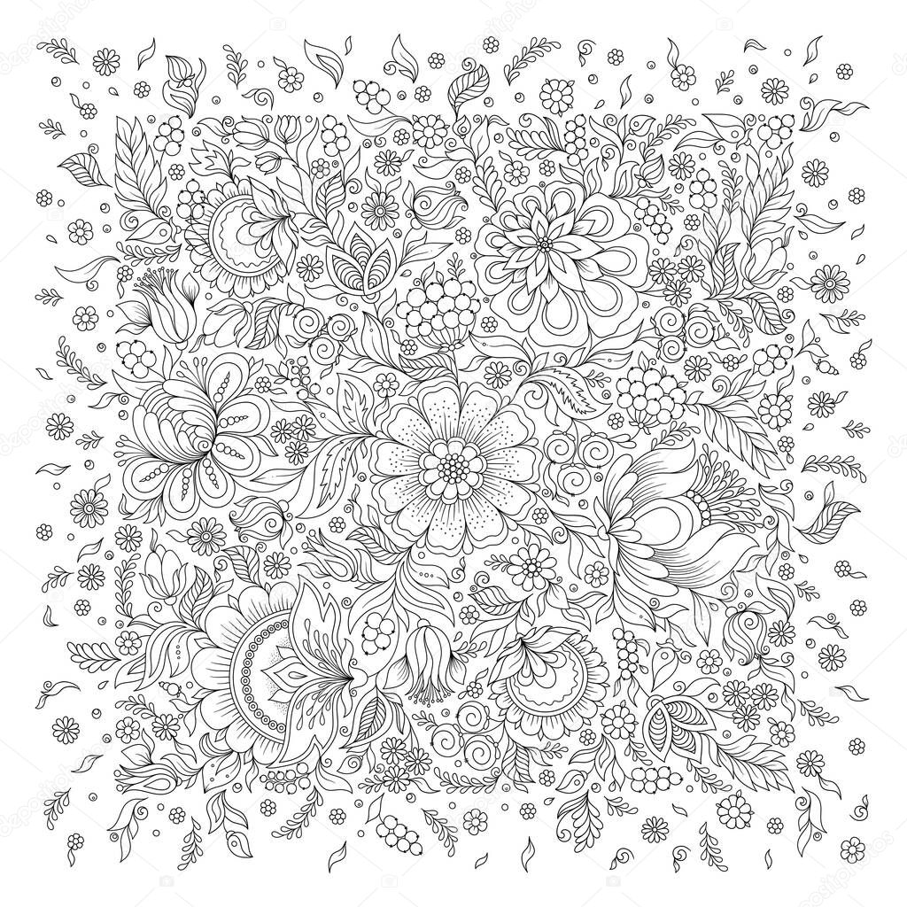 Coloring book for adult and older children. Coloring page with flowers pattern