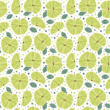 Taze yeşil elma arkaplanı, elle çizilmiş. Duvar kâğıdı. Taze meyveli renksiz desen. Mutfak tekstili, kumaş, kağıt için.. 