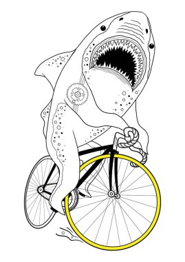 Shark on a bike. Can be used as a poster on the wall, print on a t-shirt, magazine cover, coloring page for adults.  clipart
