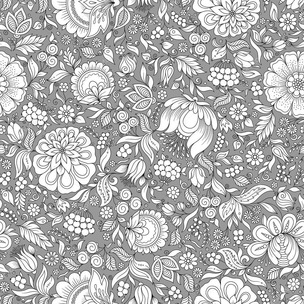 Seamless  floral pattern, spring/summer backdrop. Hand drawn surface design with flowers in garden. Can be used for wallpapers, pattern fills, surface textures.