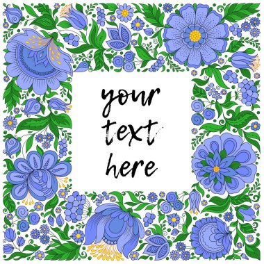 Geleneksel Ukrayna Resim Sanatı Tarzı Petrikovka çiçekli selamlama, davetiye veya düğün kartı.