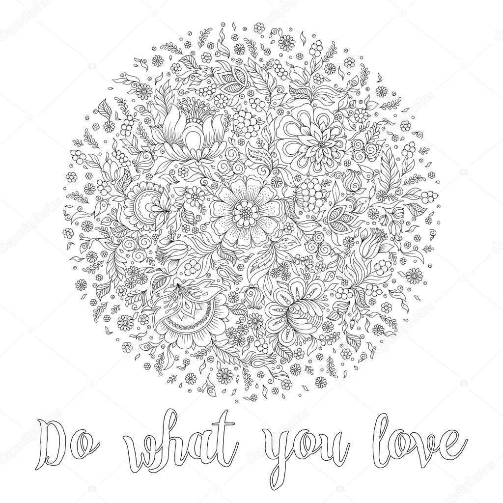 Pattern for coloring book. Ethnic, floral,  doodle, tribal design element. Black and white doodle vector background. Henna paisley mehndi doodles design tribal design element