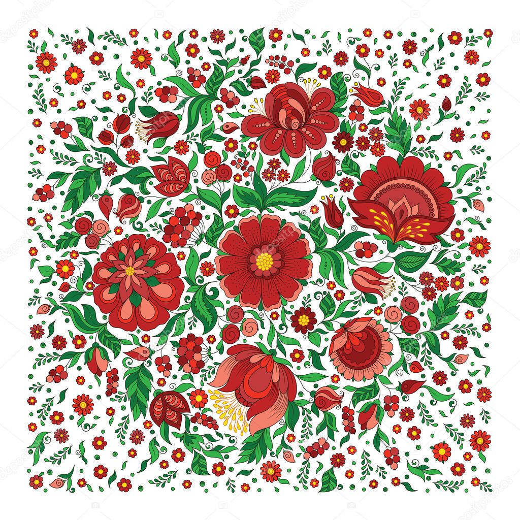 Pattern for head scarf with  Traditional Ukrainian Painting Art Style Petrikovka