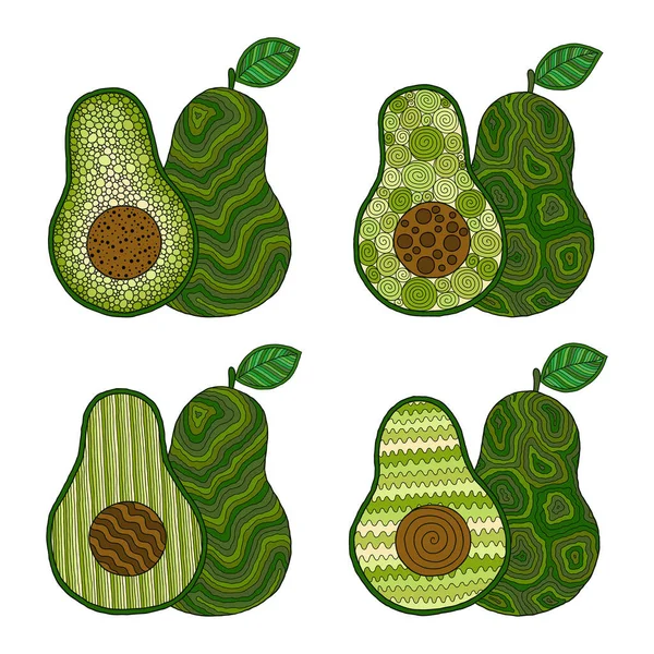 Set Illustrazioni Avocado Doodle Illustrazione Dettagliata Isolato Biglietti Auguri Stampa — Vettoriale Stock