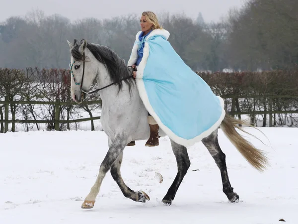 雪の中で馬に乗る女性 — ストック写真