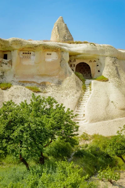 Front View Trees Old Stone Dwelling Bright Blue Sky Cappadocia — Stock Photo, Image