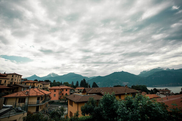 Mountains and the city in cloudy weather in the morning