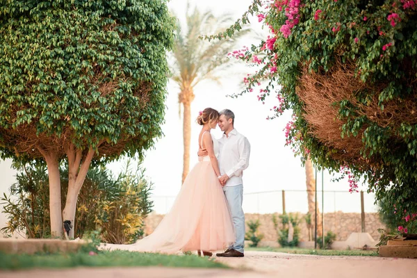 Recém Casados Após Casamento Resort Luxo Noiva Romântica Noivo Beijam — Fotografia de Stock