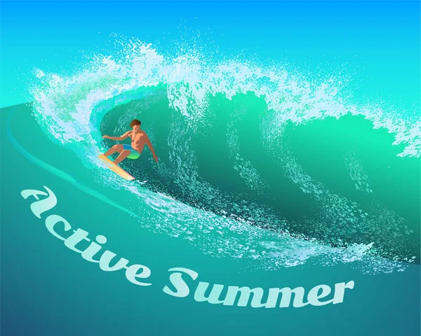 sörfçü denizde yeşil dalgalar üzerinde kayar.