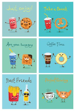 Renkli çizgi film gıda üzerinde mavi arka plan belirleme