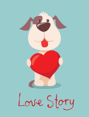 Karikatür Sevgililer köpek pençeleri mavi arka plan üzerinde kalp ile