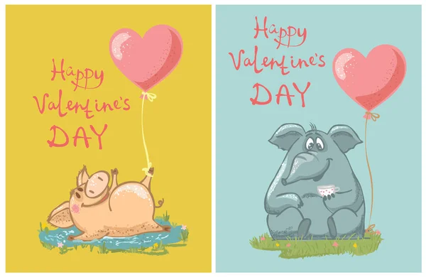 Set Cartoon Affiches Voor Dag Van Valentijnskaart Met Varken Olifant — Stockvector