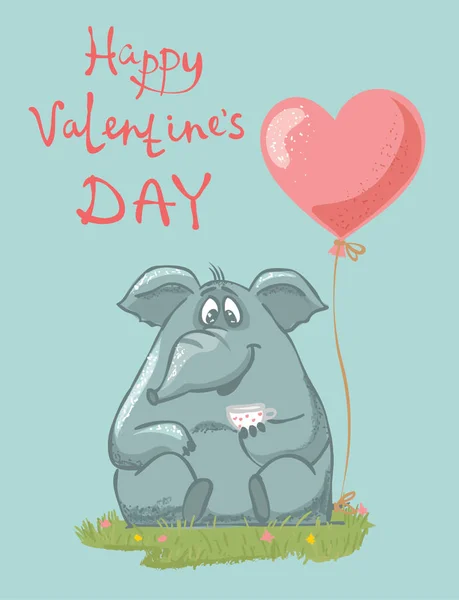 Manifesto San Valentino Con Elefante Palloncini Sfondo Blu — Vettoriale Stock