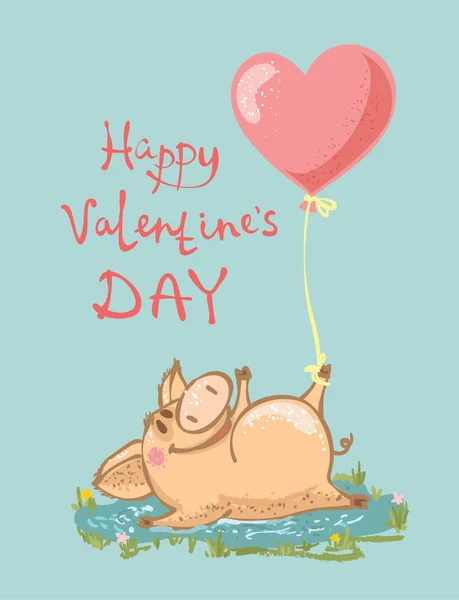 Affiche Saint Valentin Avec Cochon Ballon Air Sur Fond Bleu — Image vectorielle