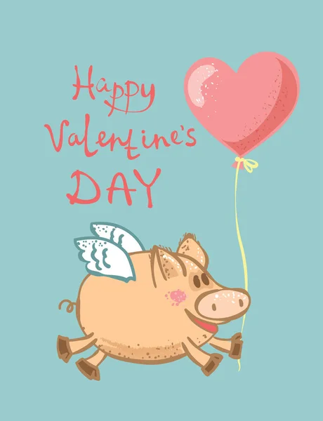 Manifesto San Valentino Con Piggy Palloncino Sfondo Blu — Vettoriale Stock