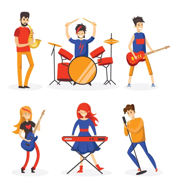 Set Colorful Music Band Characters White Background — Stock Vector