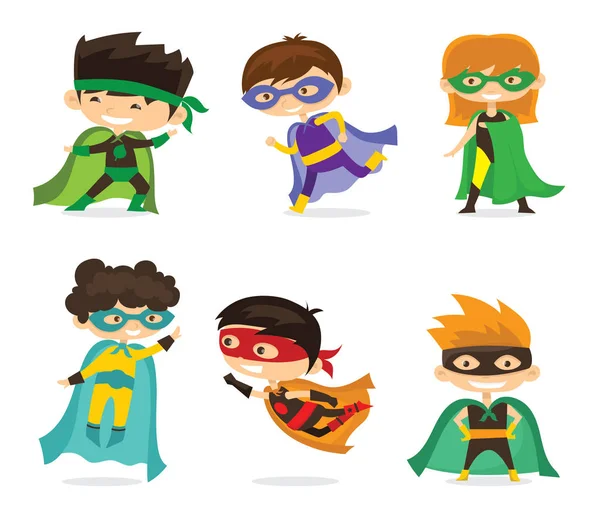 Conjunto Personajes Superhéroes Infantiles Dibujos Animados Aislados Sobre Fondo Blanco — Vector de stock