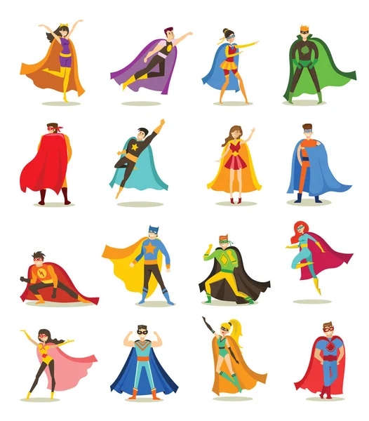 Set Cartoon Superheroes Characters Isolated White Background — Stock Vector