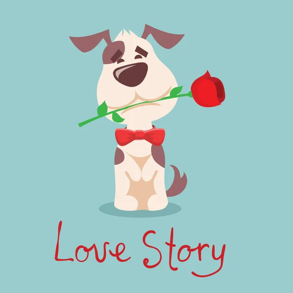 Cartoon Valentine Hund Mit Roter Rose Auf Blauem Hintergrund — Stockvektor