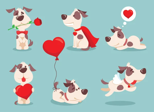 Set Von Lustigen Cartoon Valentine Hund Auf Blauem Hintergrund — Stockvektor