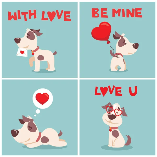 Set Funny Cartoon Valentine Dog Blue Background — Stock Vector