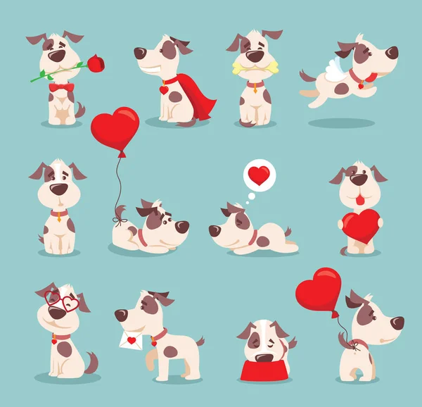 Zestaw Śmieszne Kreskówka Pies Valentine Niebieskim Tle — Wektor stockowy