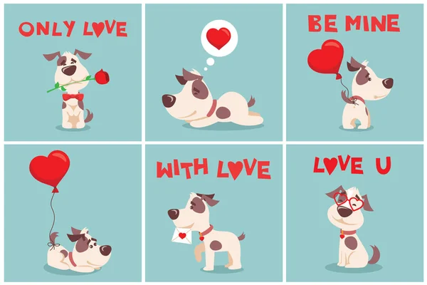 Set Von Lustigen Cartoon Valentine Hund Auf Blauem Hintergrund — Stockvektor