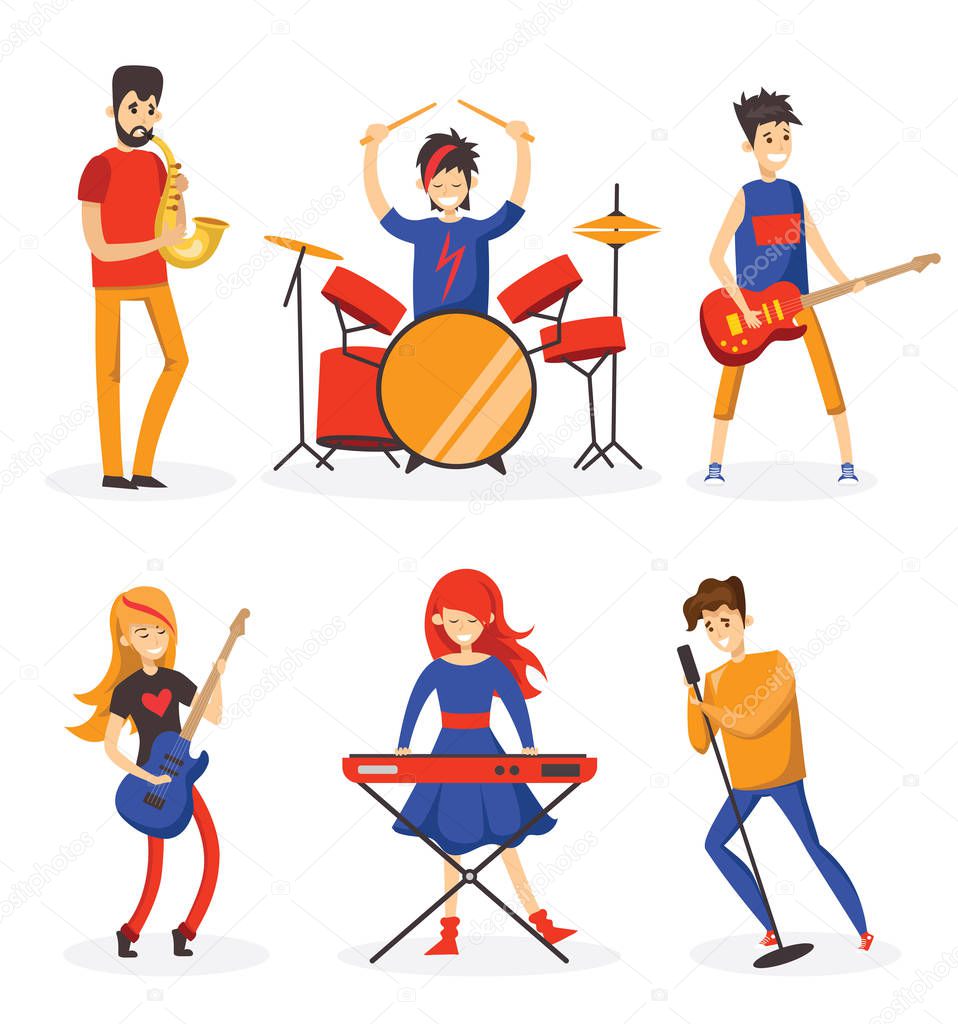 Set of colorful music band characters on white background