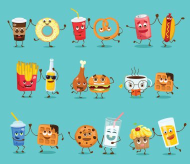 Farklı atıştırmalıklar ve içecekler mavi zemin üzerine set