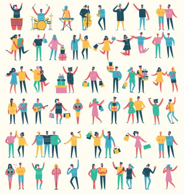 Renkli karikatür insanlarla farklı hediyeler, müzik grubu ve güzel çiftler.