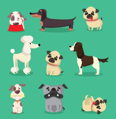 Karikatür bulldog, dachshund, pugs, fino köpeği, yeşil arka plan üzerinde jack russell ve American Cocker Spaniel