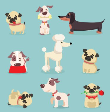 Karikatür dachshund, pugs, fino köpeği, russells mavi arka plan üzerinde jack