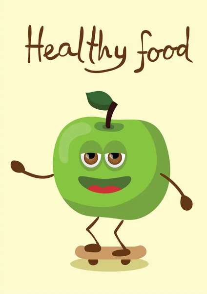 Maçã Desenho Animado Verde Com Letras Alimentos Saudáveis —  Vetores de Stock