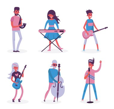 Beyaz arka plan üzerinde izole enstrümanlar ile karikatür müzisyenler