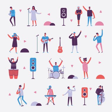 Karikatür tarzı aletler ile farklı müzisyenleri ayarla