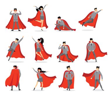 Gri takım elbise ve beyaz arka plan üzerinde izole kırmızı burunları kadın ve erkek süper kahramanlar
