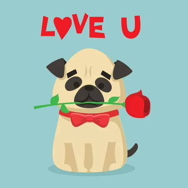 Lindo Pug Dibujos Animados Con Rosa Boca Sobre Fondo Azul — Vector de stock