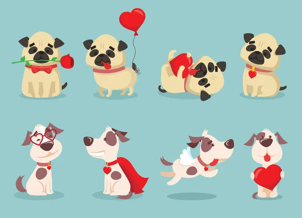 Lindo Gato Russells Pugs Con Corazones Flor Sobre Fondo Azul — Vector de stock