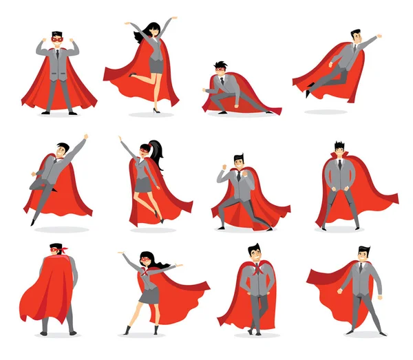 Homens Mulheres Super Heróis Ternos Cinzentos Capas Vermelhas Isolados Fundo — Vetor de Stock