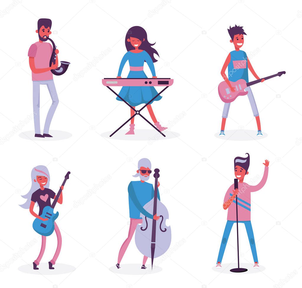 Cartoon musicians with instruments isolated on white background